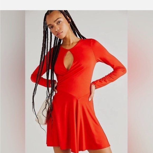 Free People FP Beach Fiery Red Vance A-Line Mini Long Sleeve Dress Size Small - Picture 2 of 6